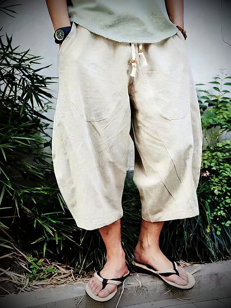 Summer Beach Cotton Linen Casual Shorts Men Japenese Wide Leg Baggy Capris Pants Male Sport Running Shorts 2025 New