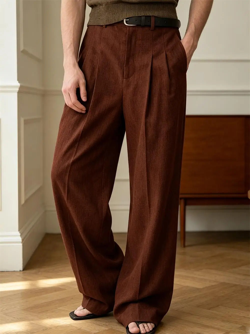 Men's Linen Wide Leg Pants High Waist Pleated Trousers Vintage Brown Casual Loose Straight Pants Breathable Summer Office Wear