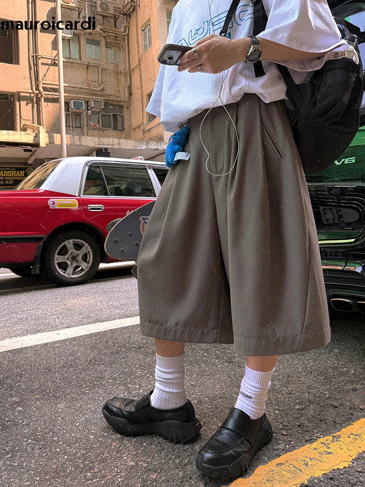 Mauroicardi Spring Summer Loose Casual Soft Flowy Baggy Wide Leg Shorts for Men Elastic Waist Calf Length Pants Korean Clothes