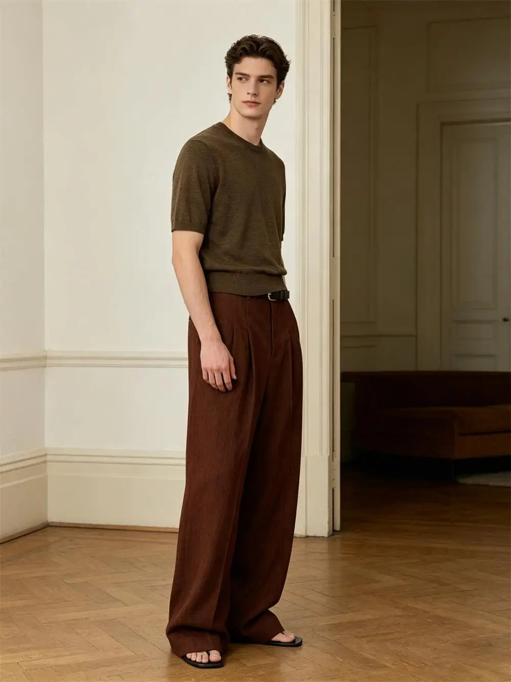 Men's Linen Wide Leg Pants High Waist Pleated Trousers Vintage Brown Casual Loose Straight Pants Breathable Summer Office Wear