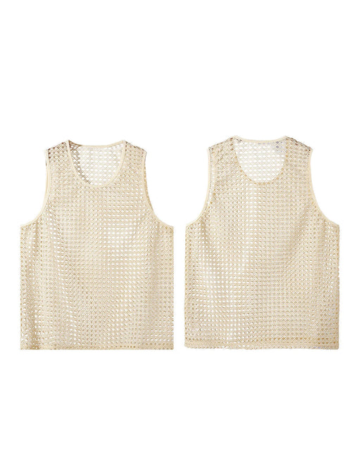 Men s Breathable Sleeveless Tank Tops Fashionable Hollow Out Crew Neck Casual Solid Cool Stylish T-Shirt for Summer