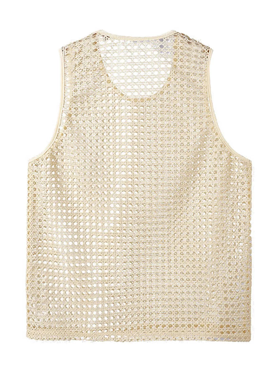 Men s Breathable Sleeveless Tank Tops Fashionable Hollow Out Crew Neck Casual Solid Cool Stylish T-Shirt for Summer