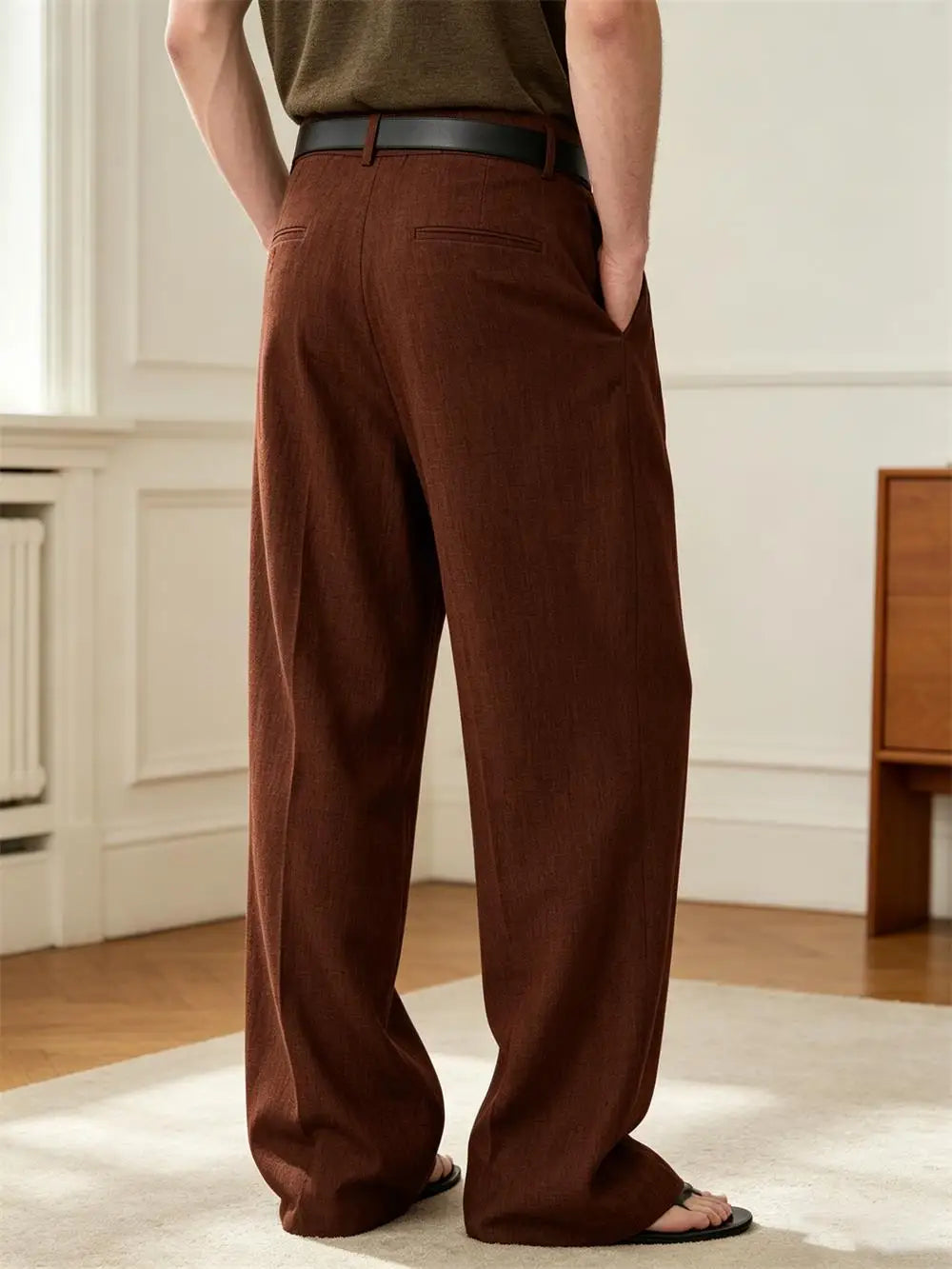 Men's Linen Wide Leg Pants High Waist Pleated Trousers Vintage Brown Casual Loose Straight Pants Breathable Summer Office Wear